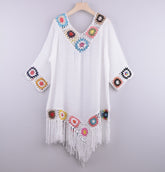Embroidered Flared Sleeves Tasseled Mini Dress